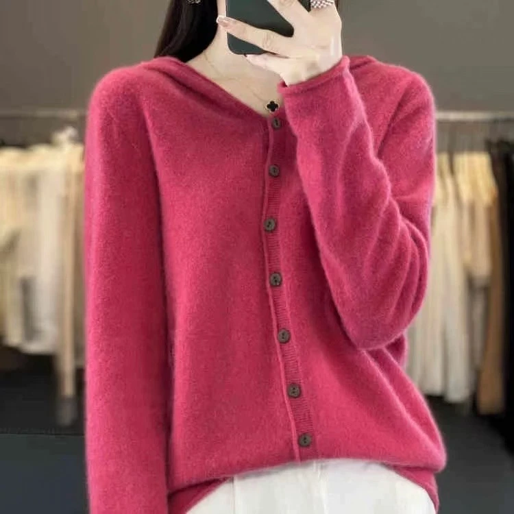 线下369#冬季女士百搭纯色全羊毛连帽开衫羊毛衫009