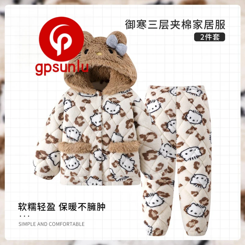 gpsunlu连帽珊瑚绒御寒睡衣女款2026新款冬季三层夹棉加绒家居服