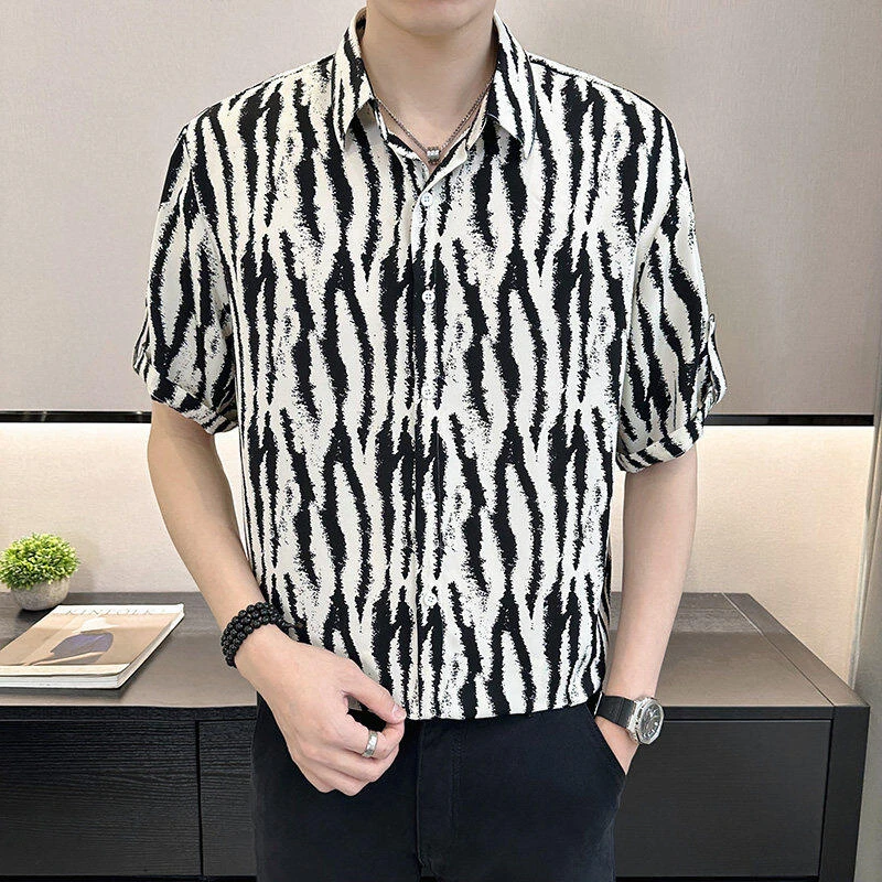 垂感冰丝印花短袖韩版ins斑马纹小众花衬衫男痞帅高级感