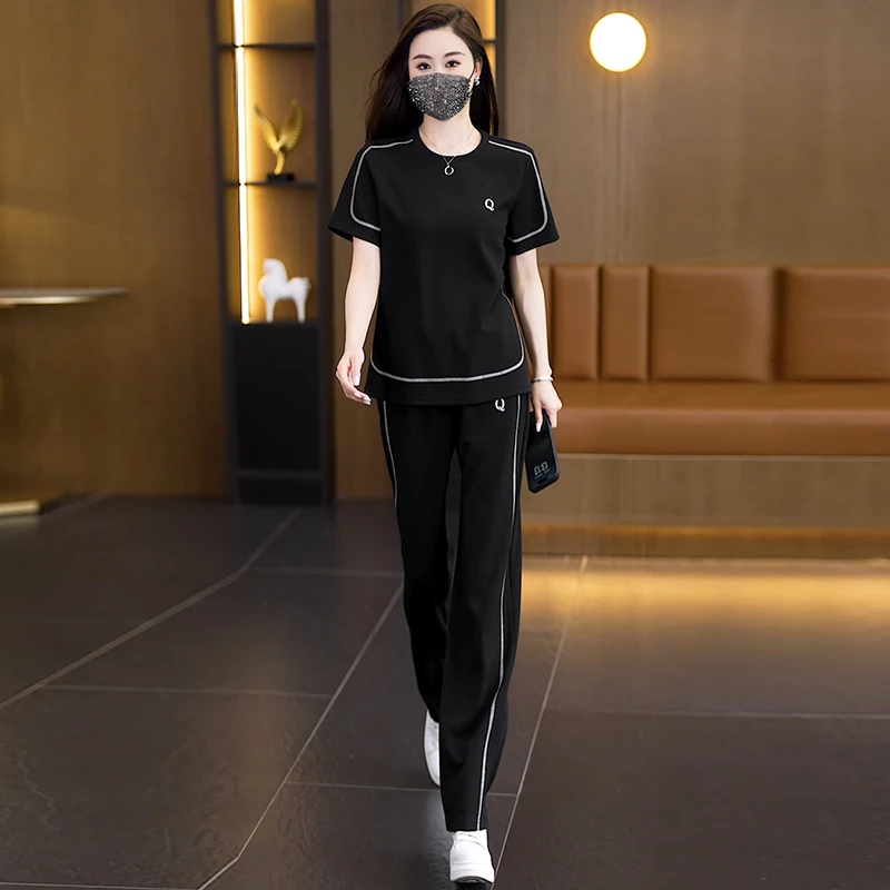 【女神新衣】夏新款运动休闲圆领时尚宽松显瘦上衣长裤两件套