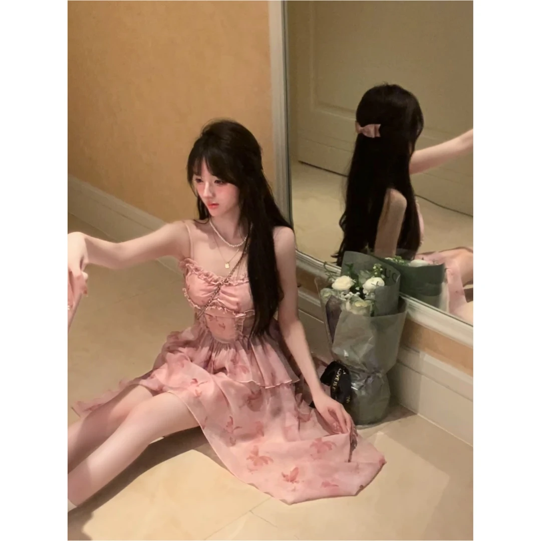 蝶恋花 纯欲风甜美显瘦气质雪纺吊带连衣裙R2017L