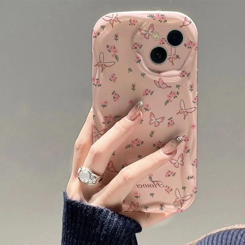 粉花蝴蝶适用iPhone16ProMax手机壳15苹果14卡通13软套1211防摔