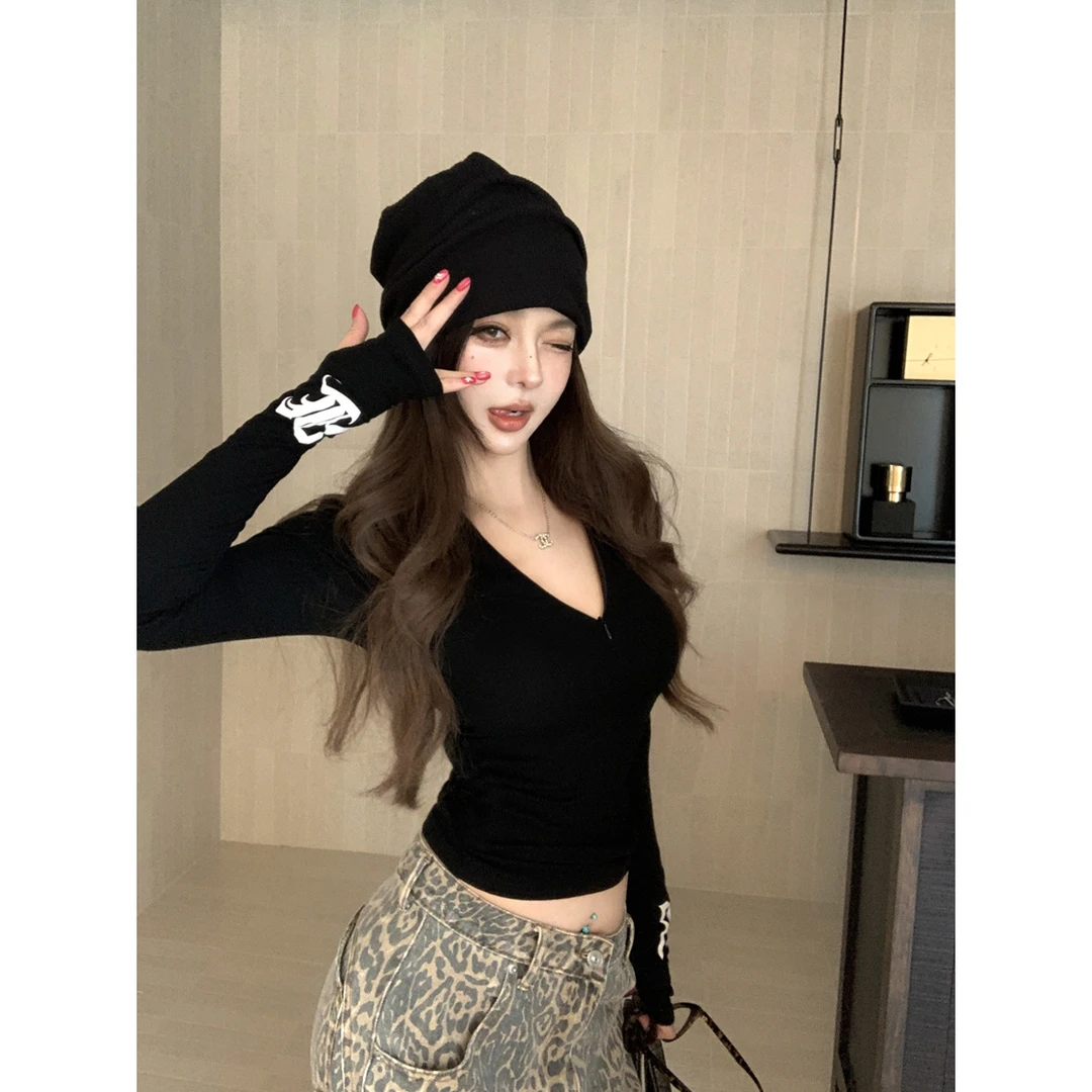 美式辣妹V领拉链印花修身显瘦长袖T恤潮流百搭打底衫上衣