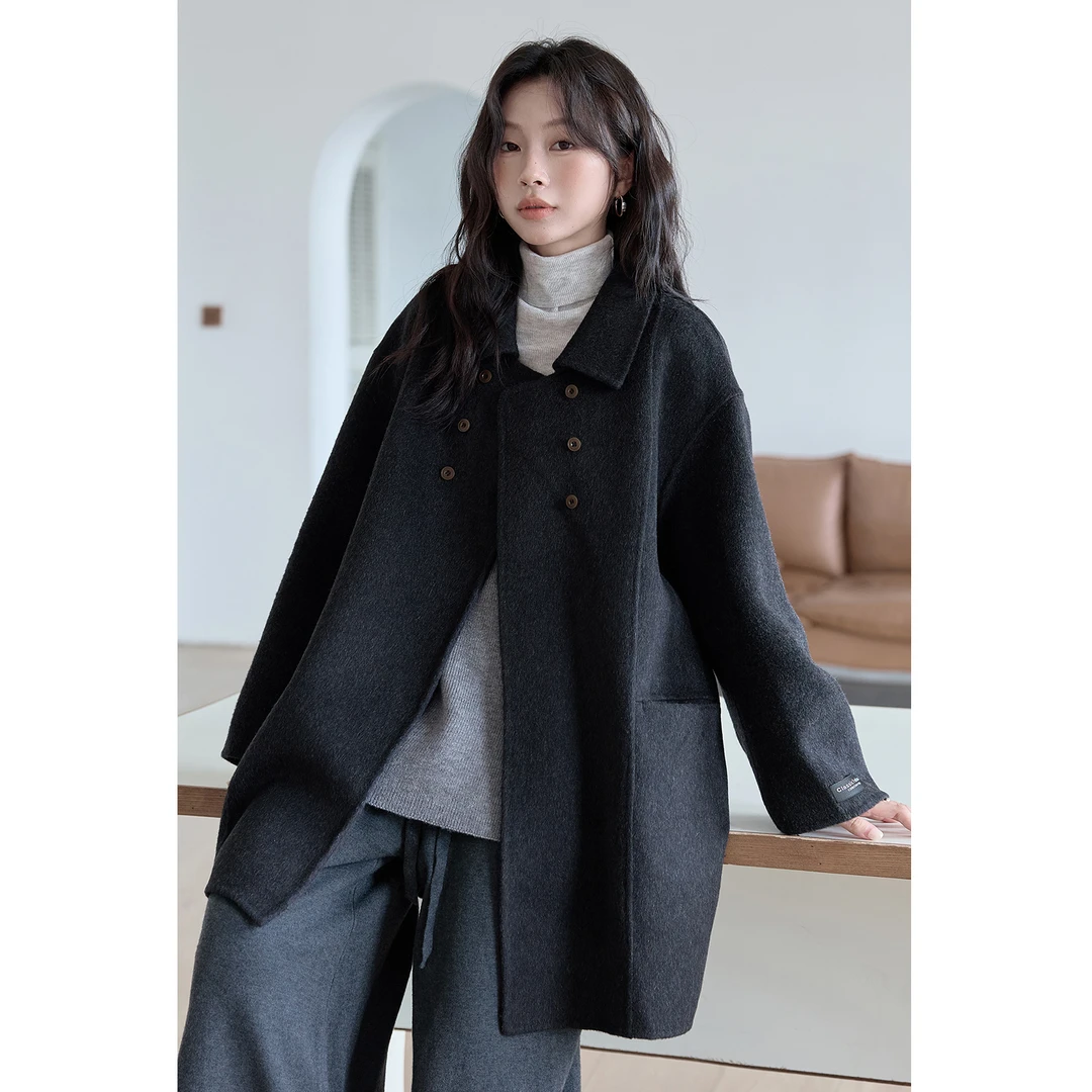 GUIER/桂儿 深灰色双面毛呢外套女2025冬季百搭中长款大衣MS28718