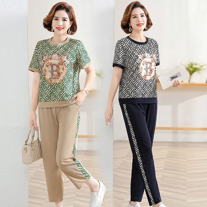 夏季新款年新款中年妈妈短袖套装女圆领印花短袖上衣T恤裤子套装