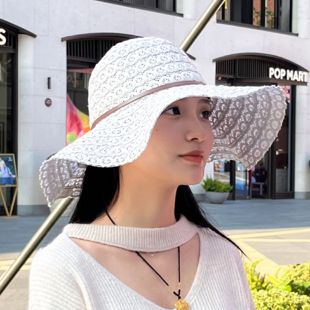 防晒大檐遮阳帽蕾丝镂空透气太阳帽夏蝴蝶结帽防晒帽子女遮阳