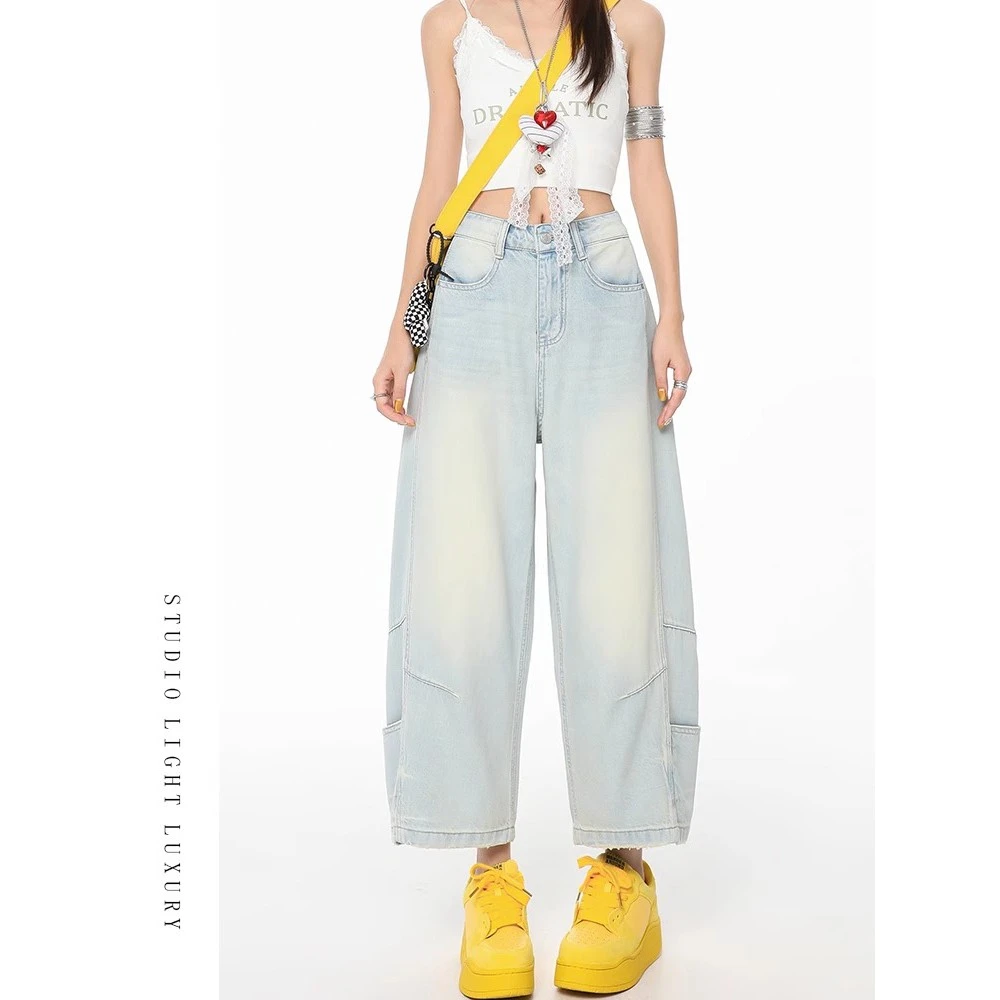 高腰阔腿天丝牛仔裤女夏薄款2025新款宽松显瘦浅色九分弯刀气球裤