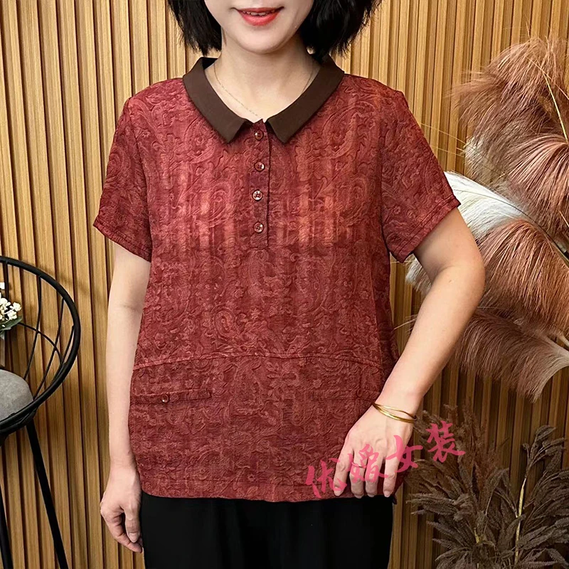 妈妈装夏季薄款麻料撞色翻领褶皱拼接显瘦中老年女装短袖上衣A852