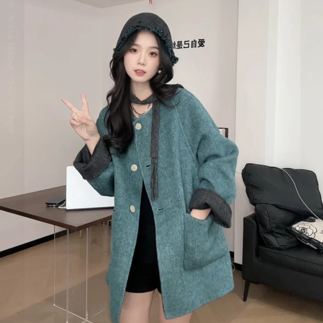 早秋新款圆领休闲风春季拼接毛呢外套秋冬小香风设计感毛呢25318