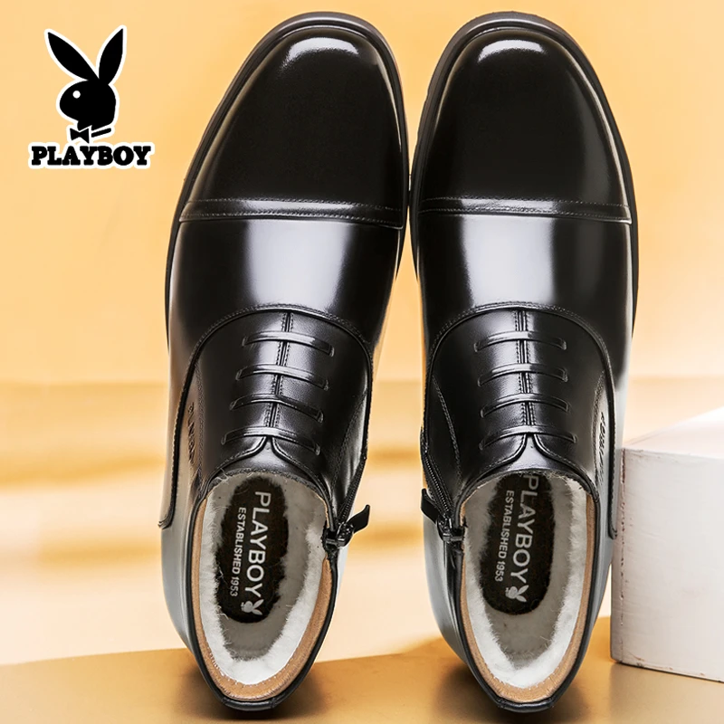 花花公子棉鞋男棉皮鞋真皮冬季保暖加绒加厚商务正装三接头高帮鞋