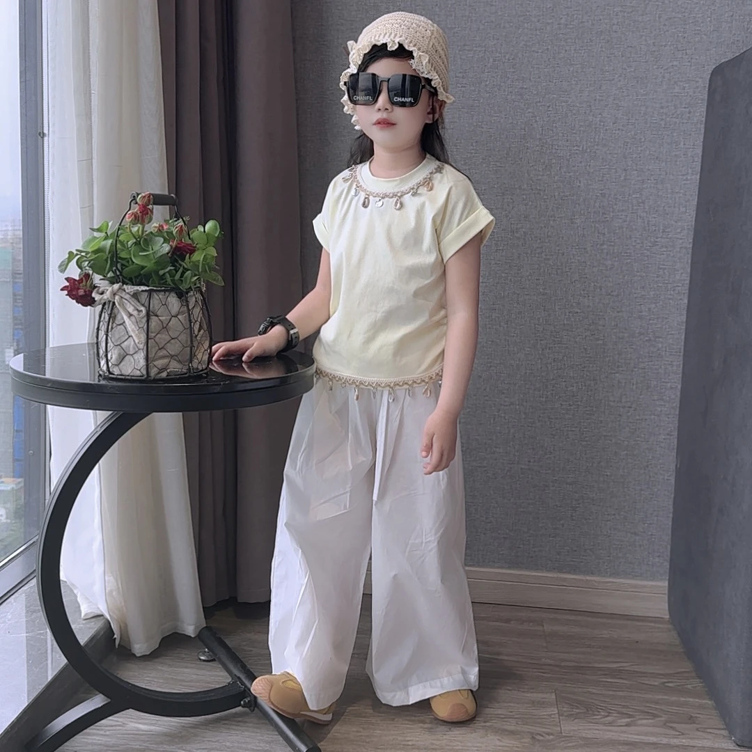 女童夏装短袖套装中大童女孩洋气休闲棉质T恤轻薄阔腿裤两件套