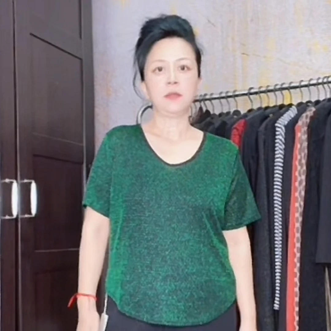 妙唐亮丝时尚大码新款弹力女士上衣6171S短袖绿圈圈