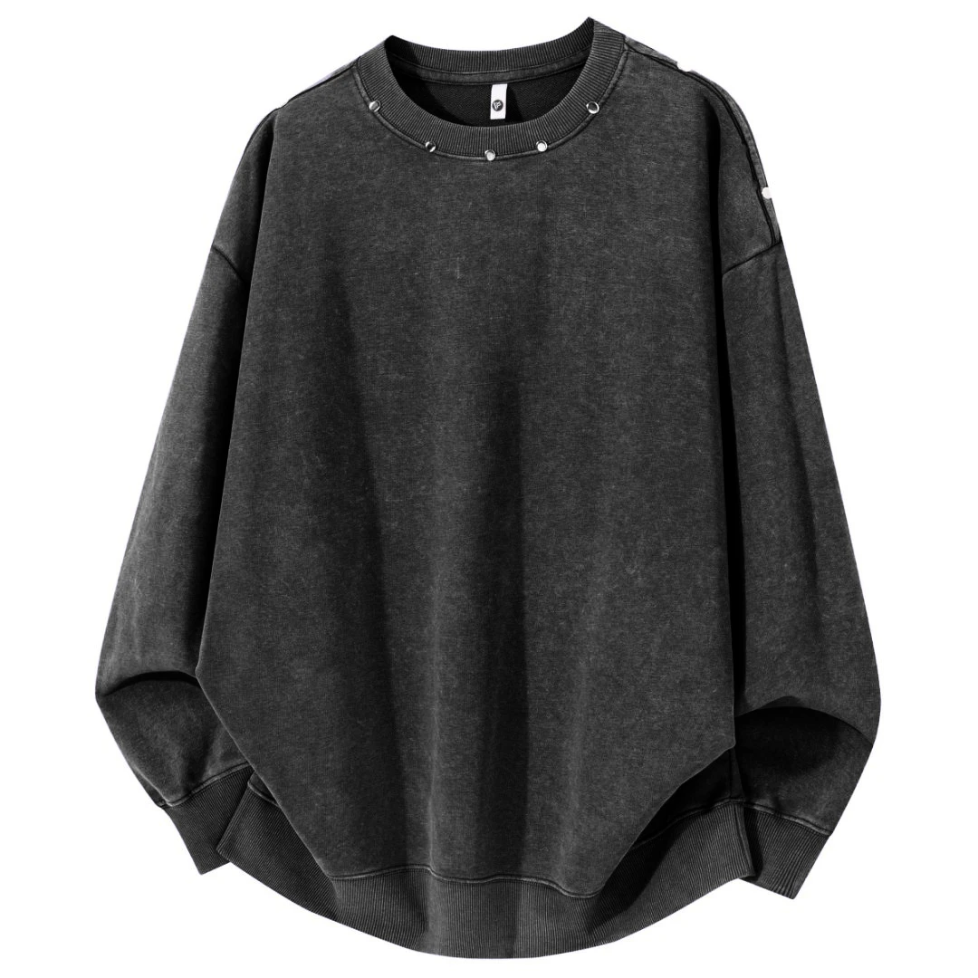 巴家重磅水洗做旧废土风男装铆钉秋季宽松圆领上衣春秋男士卫衣