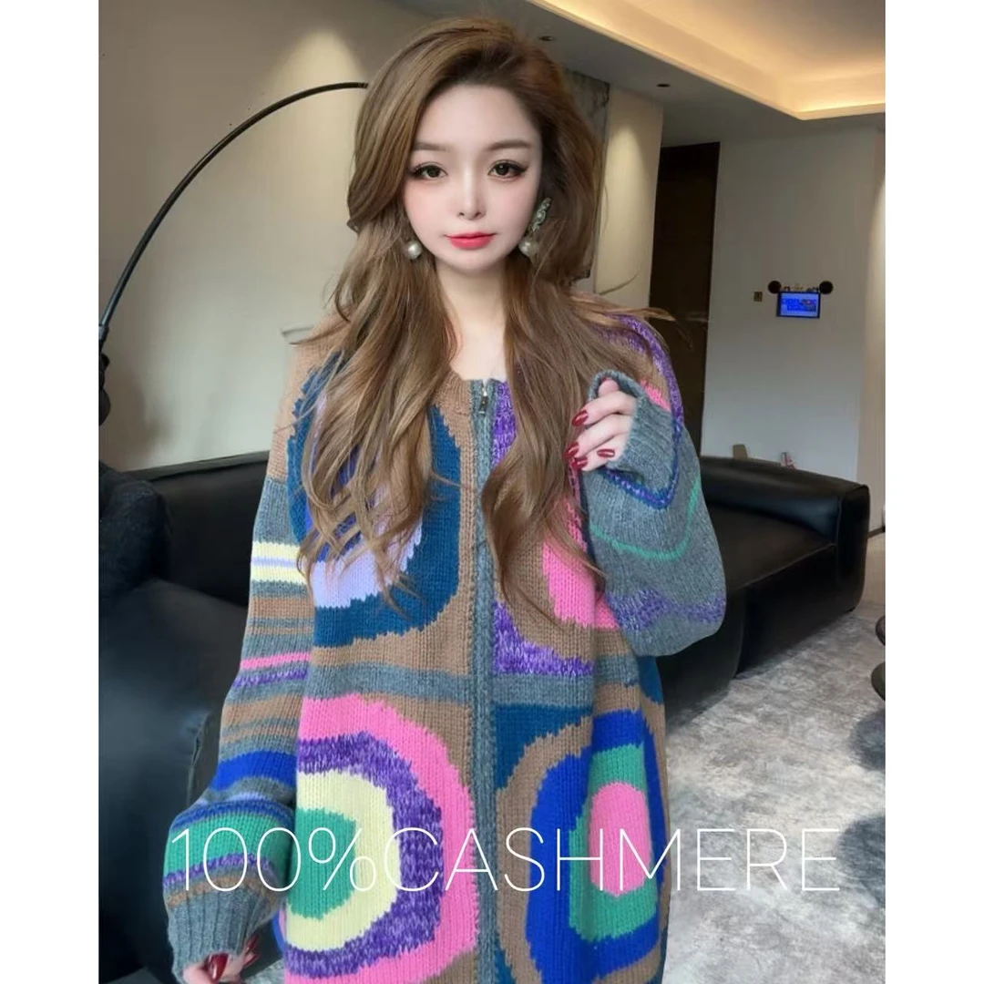 【杰卡提花】255631秋冬时尚民族风元素款拉链羊绒开衫洋气款