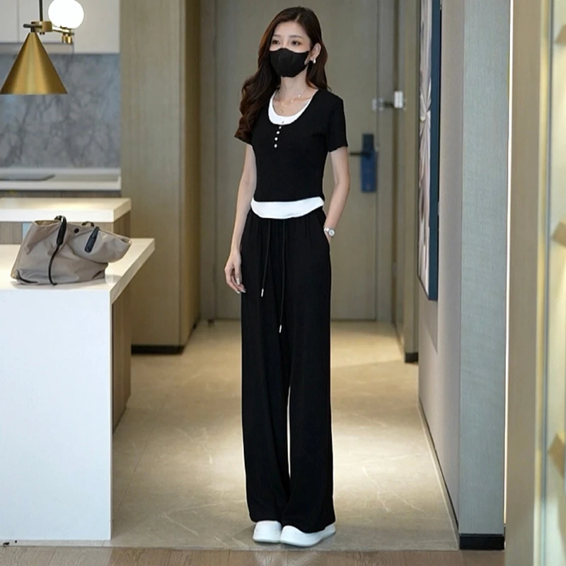 夏季时尚套装女装2025新款短袖上衣+高腰宽松休闲阔腿裤两件套潮