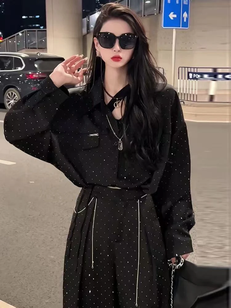 【退货补贴8-12】高级设计感重工烫钻衬衫套装气质显瘦百搭韩版宽松