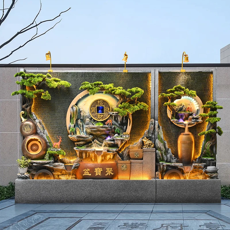 假山流水喷泉水幕墙屏风酒店办公室庭院风水轮招财落地大摆件