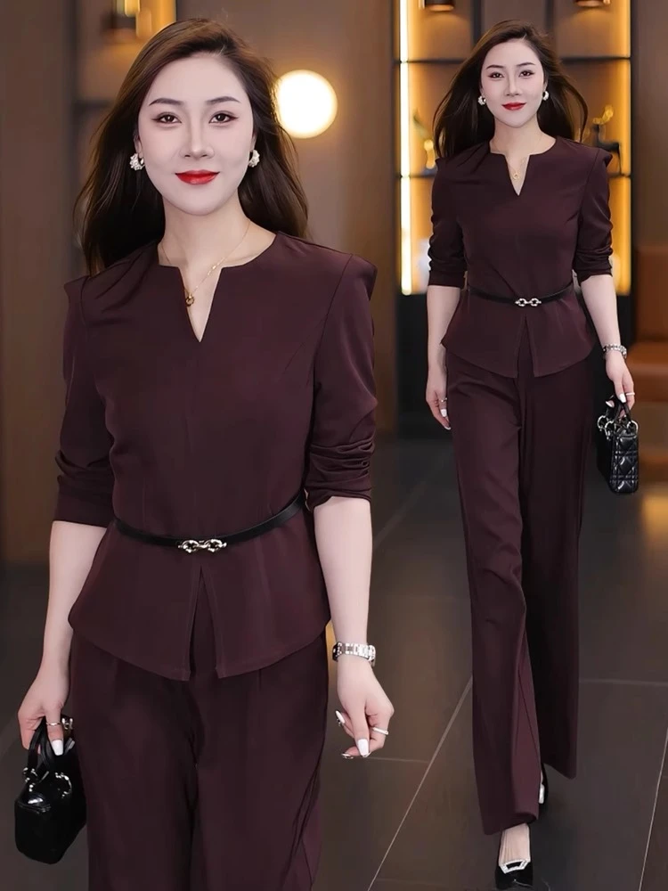 女神范气质时尚职业套装女2025春秋新款时尚系带上衣阔腿裤两件套