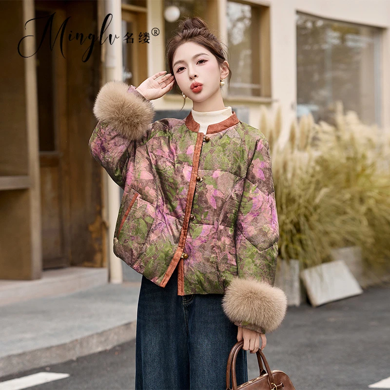 新中式印染撞色时尚羽绒服女2025冬新款国风轻奢高端优雅轻奢外套