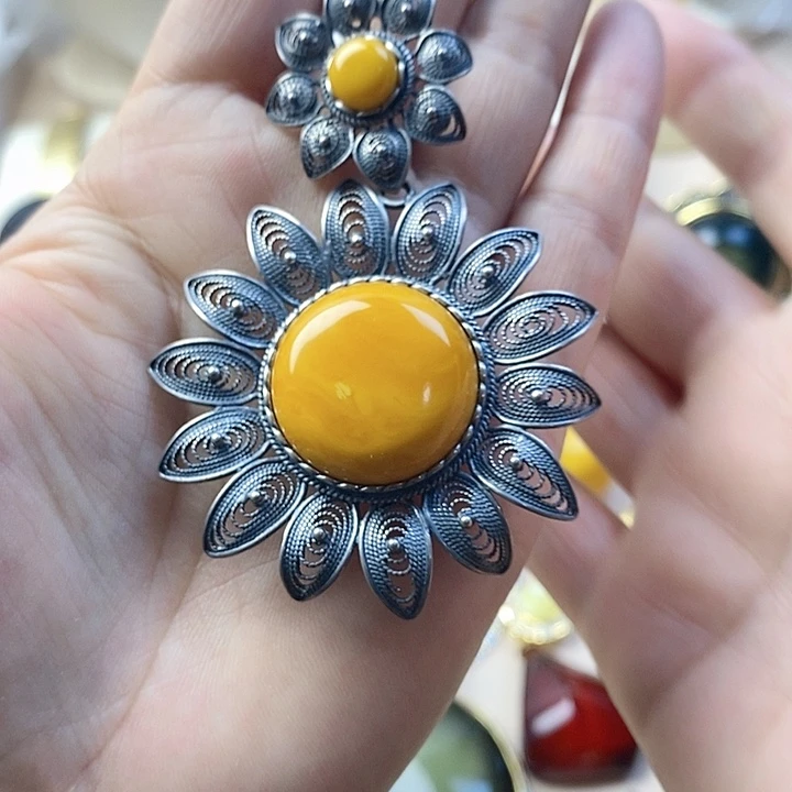 银S925镶嵌颈饰琥珀蜜蜡胸针吊坠两用款