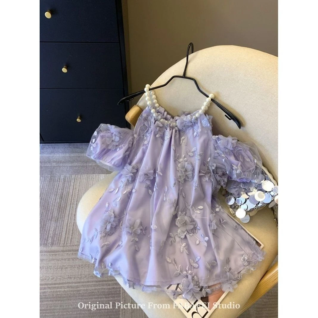 高端南油女装紫色立体花朵挂脖露肩衬衫夏季款法式遮肚子雪纺上衣