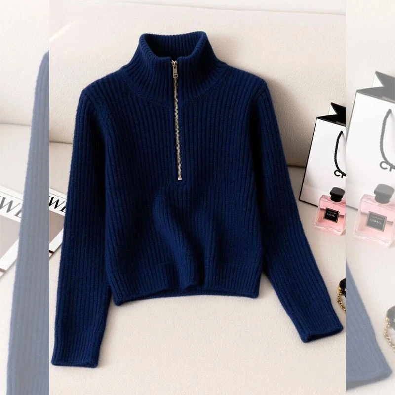 秋冬新款针织衫毛衣女时尚百搭气质轻熟风立领半拉链洋气减龄上衣