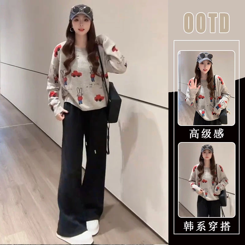 设计感小众卡通印花圆领上衣女秋季新款时尚百搭显瘦休闲裤两件套