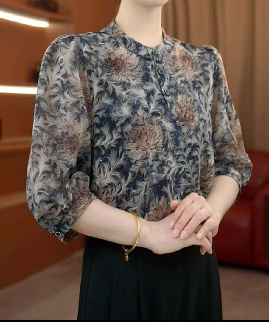 【洒银】夏天薄款冰丝衬衫2025新款胖mm大码显瘦宽松透气七分袖上衣