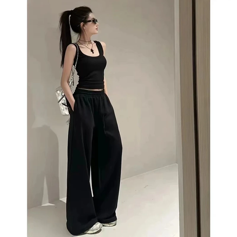 夏季新款时尚显瘦百搭背心+休闲气质宽松运动直筒休闲裤女长裤