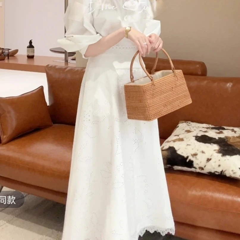 刺绣镂空蕾丝花边超长白色半裙显瘦气质夏季法式收腰