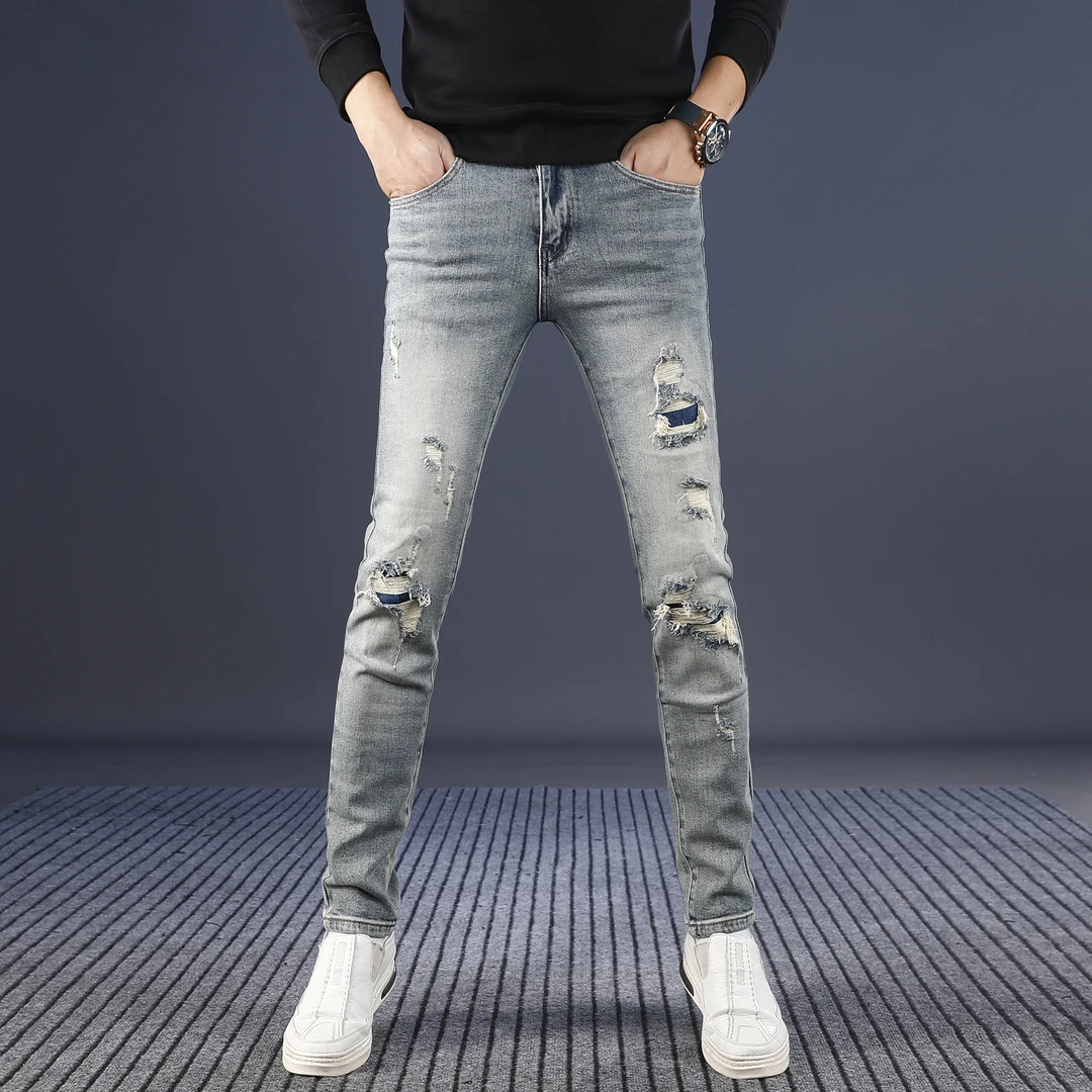 范莉泰破洞男士牛仔裤男款爆款2025新款修身小脚休闲秋冬男装裤子