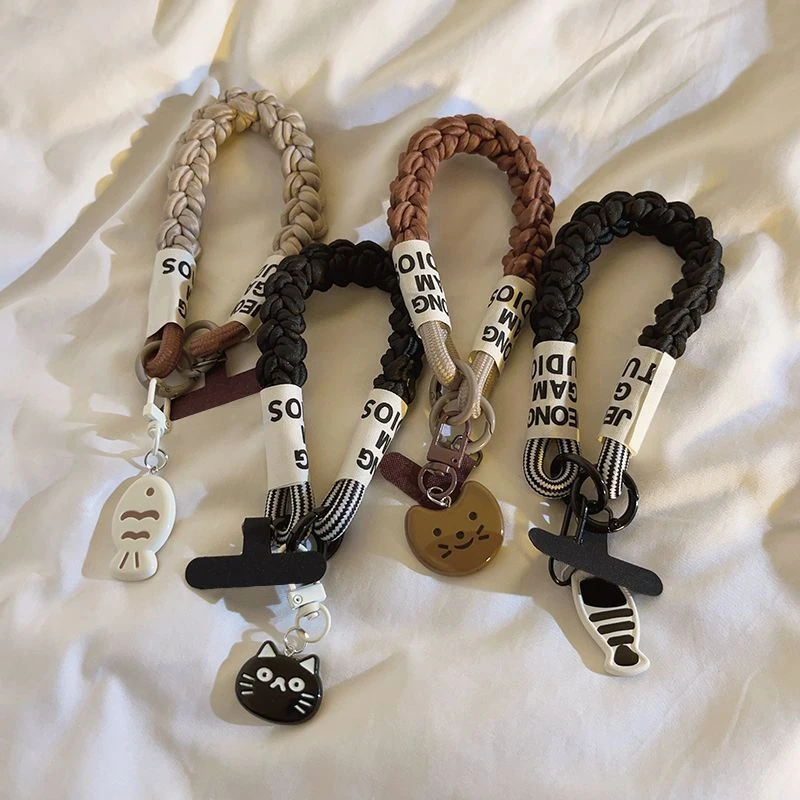 韩风ins黑色猫咪挂件手机挂绳短款手腕带加粗版麻花绳手机壳通用