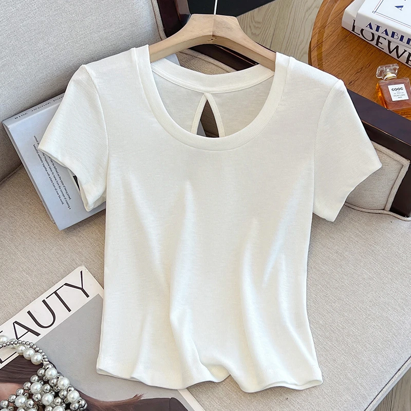 设计感镂空短袖露背T恤衫短款女2025夏季小个子弹力修身显瘦上衣