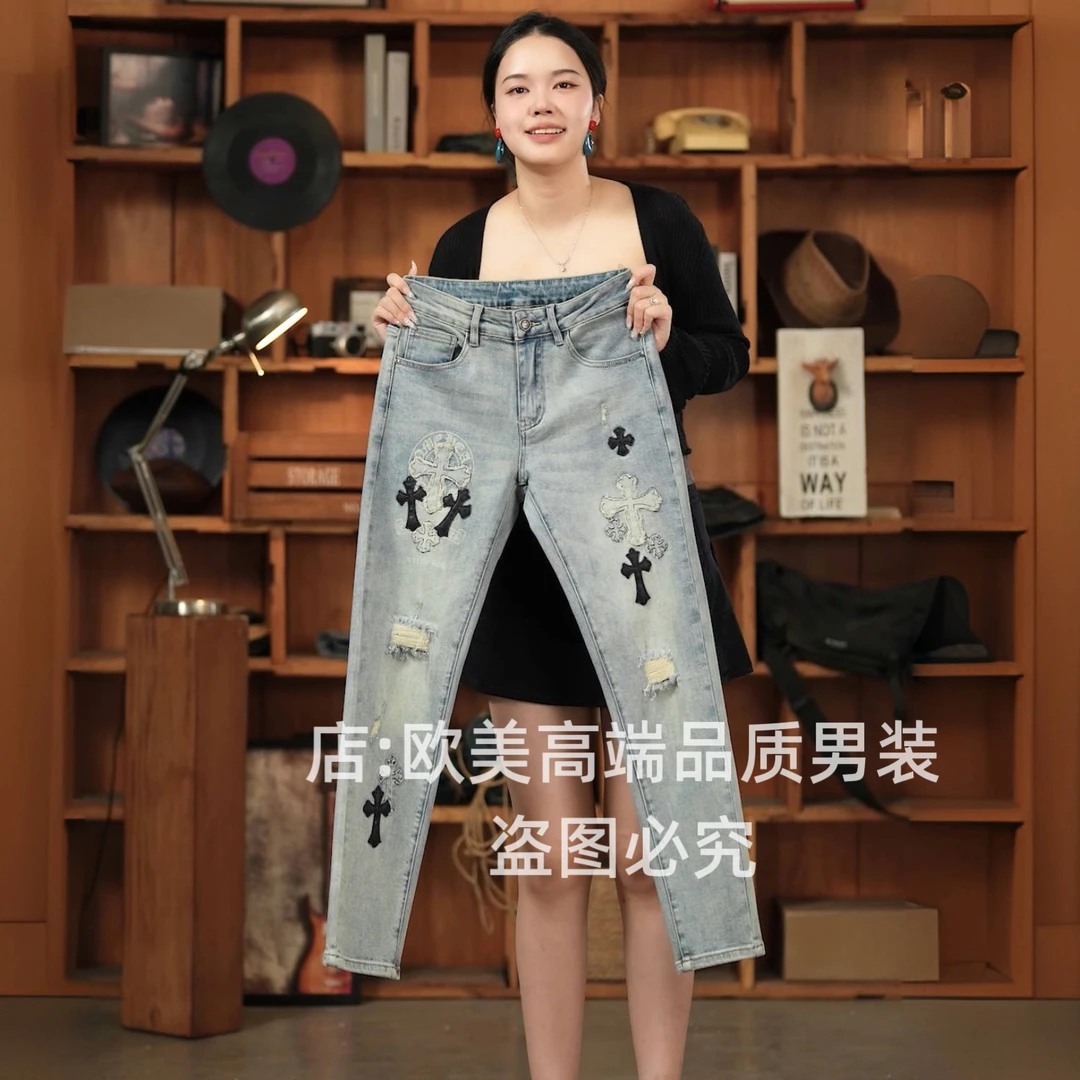 美式复古轻奢设计师款破洞刺绣贴布男士牛仔裤修身小脚弹力高街潮