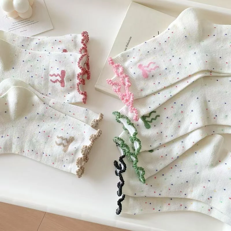 【7双装】袜子女花边可爱中筒袜木耳边ins点子纱蝴蝶结百搭学生日系