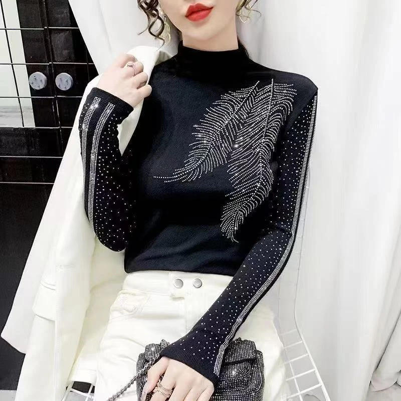 【羽毛双款式】半高领打底衫女内搭秋冬新款时尚烫钻上衣修身显瘦