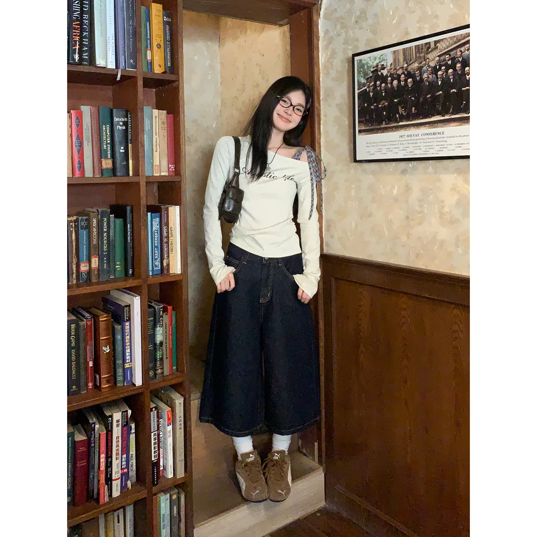 宋正恩暖花灰斜肩格子绑带内搭t恤女字母印花新款修身长袖ST1621