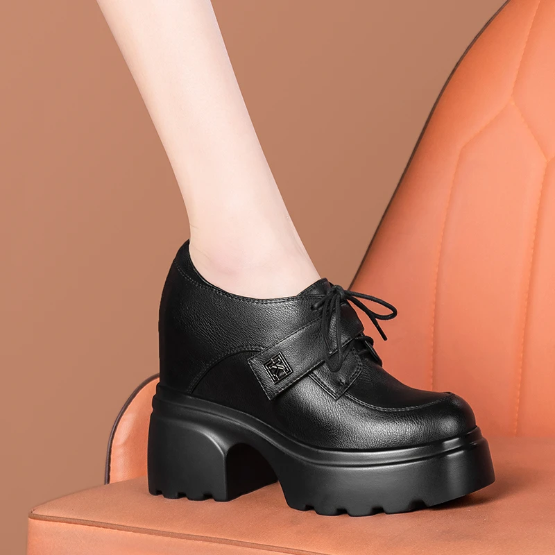 2025小个子舒适厚底内增高皮鞋通勤时尚春秋高跟鞋百搭深口单鞋