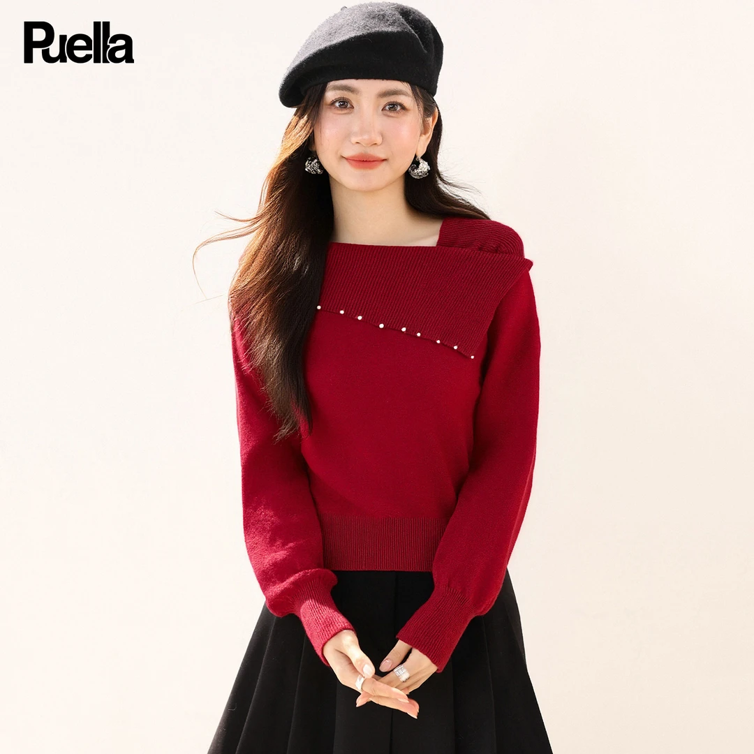 拉夏贝尔Puella2025年冬季新款韩版时尚一字肩钉珠软糯显瘦针织衫