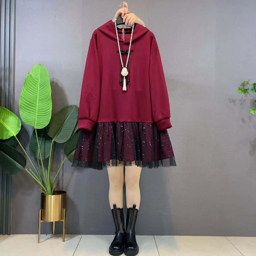 欧货设计感拼接复古国风卫衣衣女士早秋季新款连帽宽松亮闪连衣裙