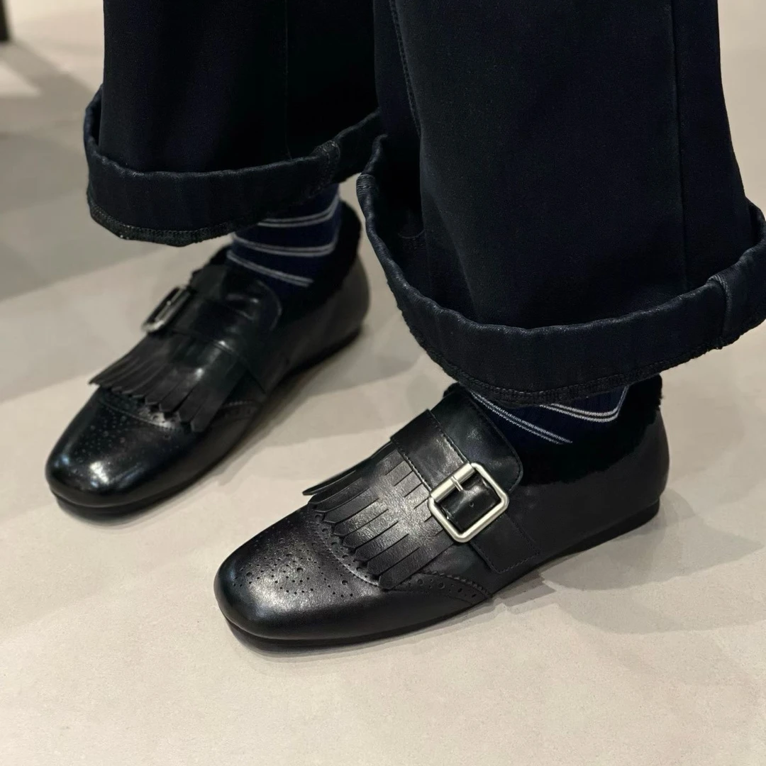 头层牛皮布洛克雕花流苏乐福鞋复古平底英伦风加绒软皮单鞋女