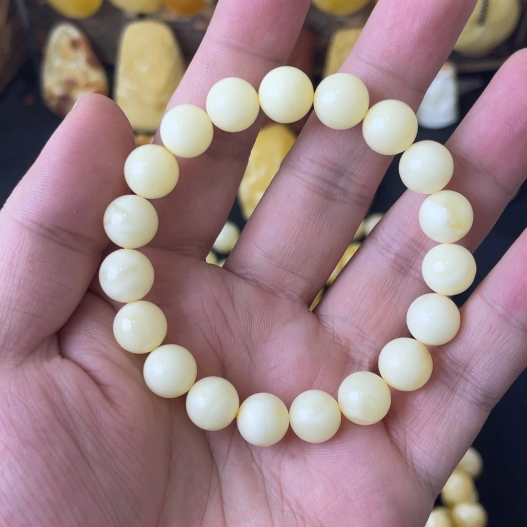 琥珀未镶嵌手串10+俄料奶白圆珠手串