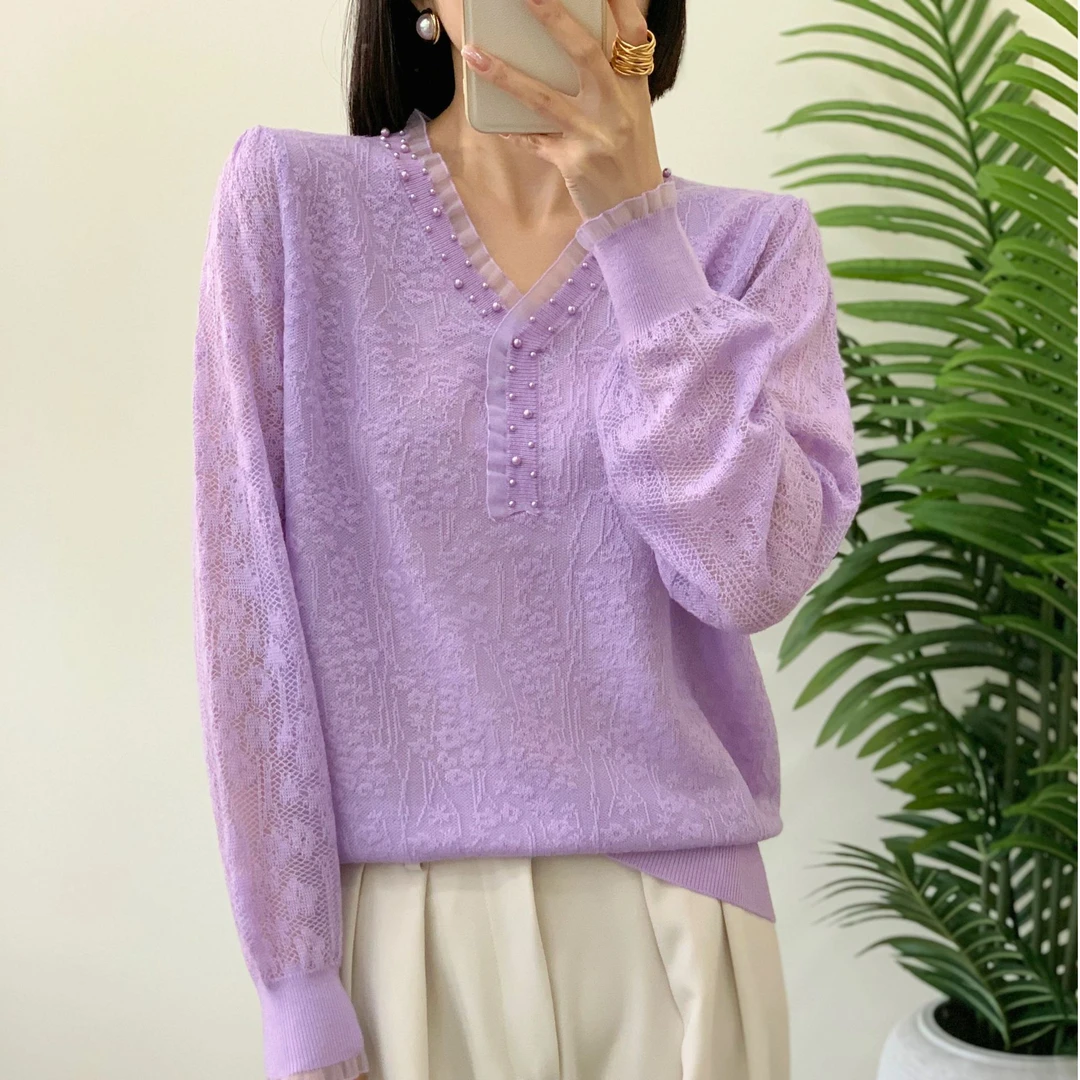 【例畔精选】2025夏季时尚V领蕾丝边提花减龄百搭针织衫A527#