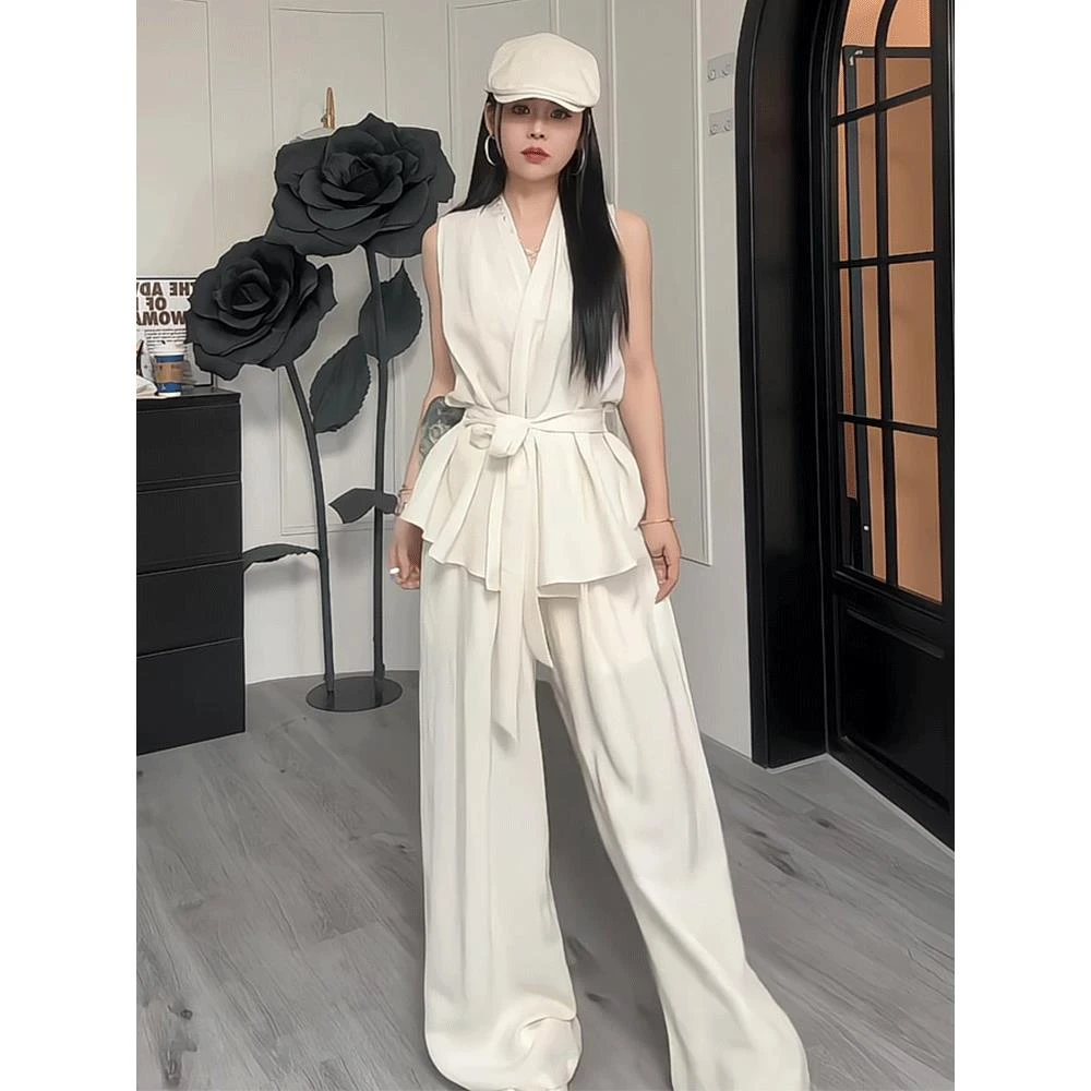 2025夏季新款女装轻奢高级感收腰系带无袖上衣宽松阔腿裤两件套装