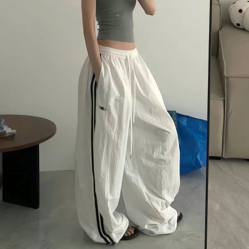 白色有内里【速干】夏季网红美式街头两条杠宽松薄款白色休闲裤