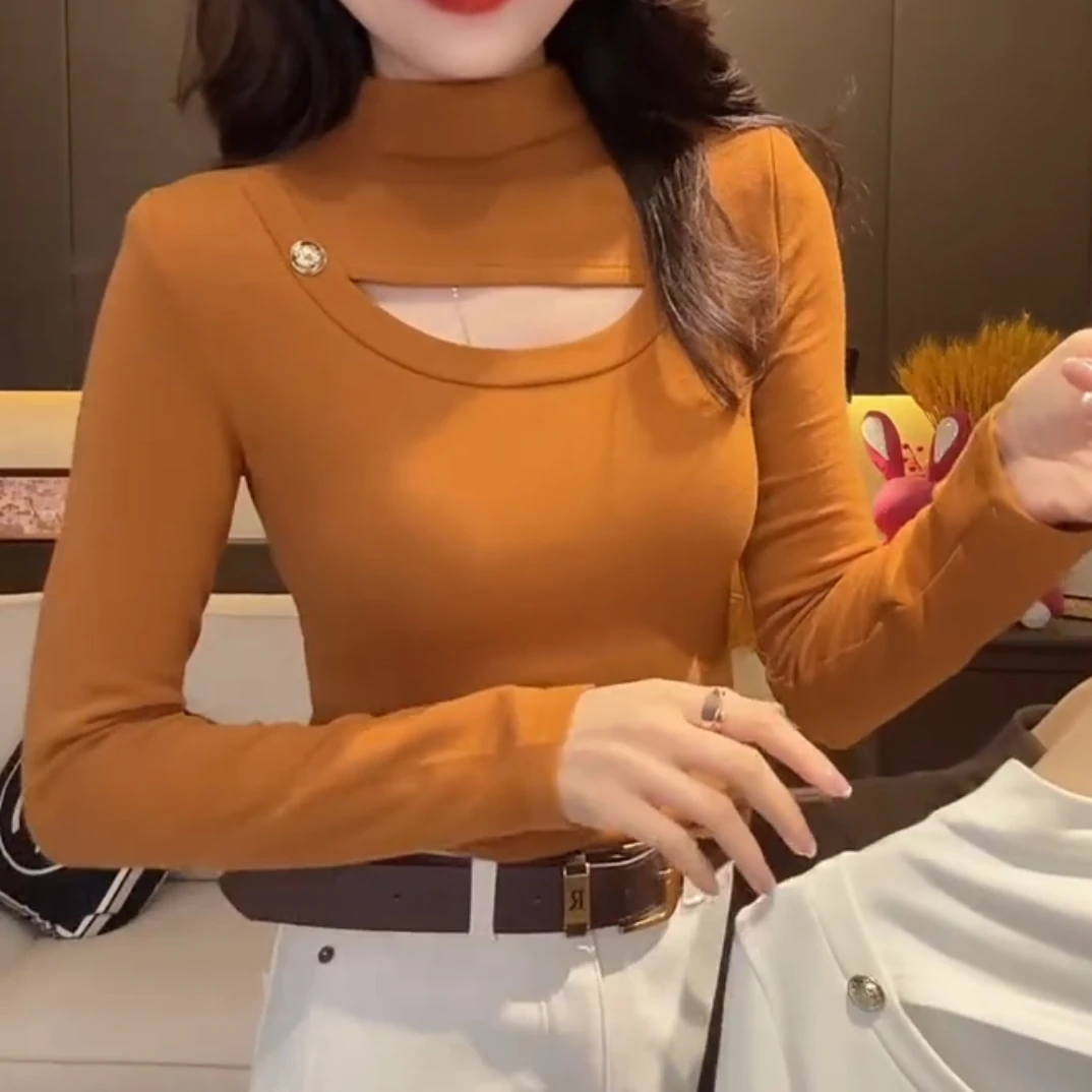小心机半高领打底衫女镂空长袖纯欲风t恤秋冬内搭上衣