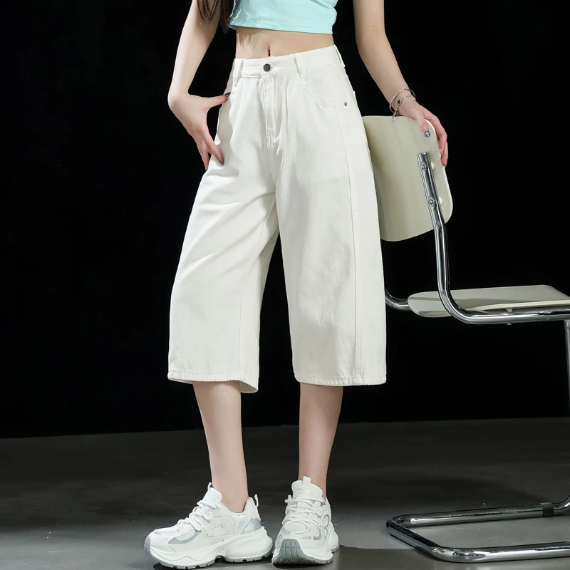 高腰直筒七分裤女夏薄款侧缝拼接三防牛仔裤阔腿宽松百搭六分中裤