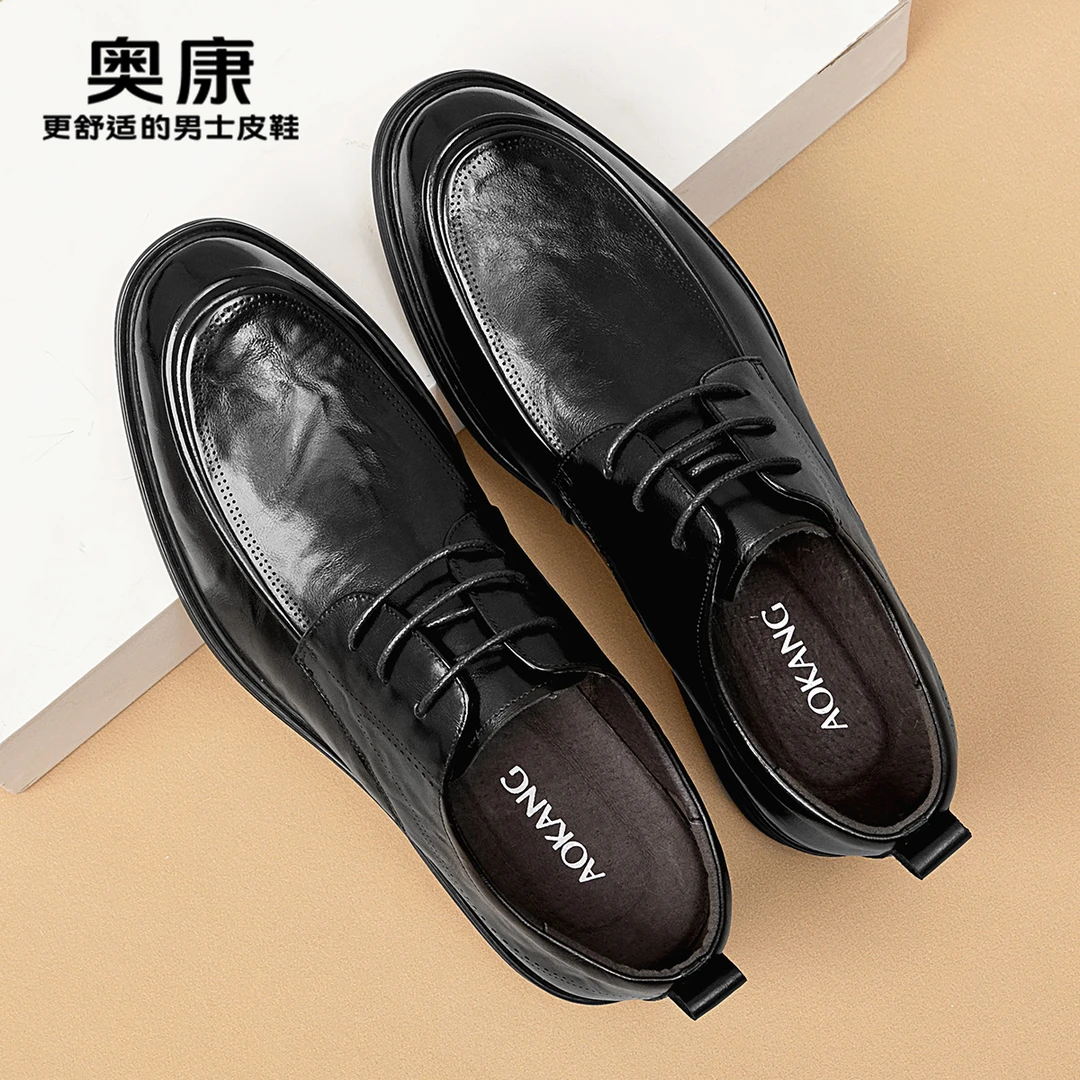 奥康头层牛皮秋季男士皮鞋男商务休闲正装职场系带厚底增高德比鞋