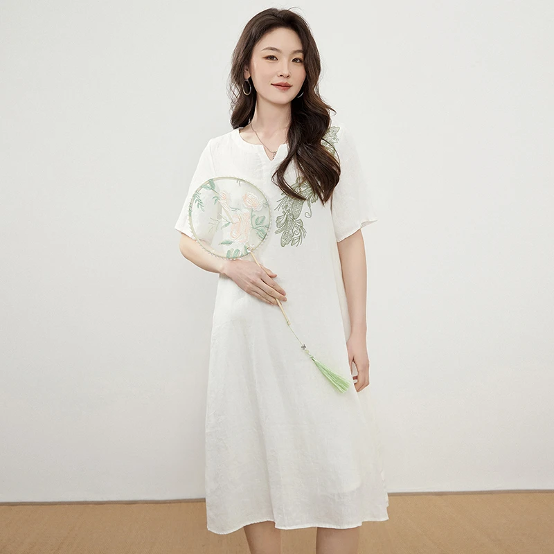 XA0A0006含苎麻宽松中长裙五分袖裙子连衣裙女4.23夏