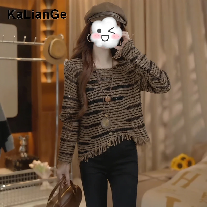 卡莲格/镂空流苏亮片针织打底衫女早秋季新款显瘦高级感长袖上衣